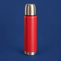 red cylindrical vacuum thermos, as a cover photo