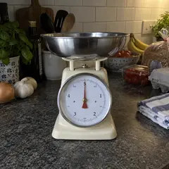 cream analog kitchen scale, as photographed