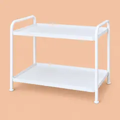 small white two-tier freestanding shelf, as a cover photo