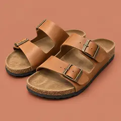 tan two-strap leather sandals, as a cover photo