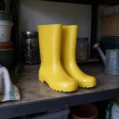 glossy yellow mid-calf rubber rain boots, as photographed