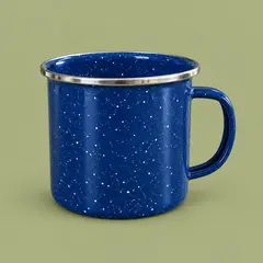 blue speckled enamel camping mug, as a cover photo
