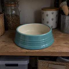 teal ceramic pet food bowl, as photographed