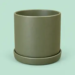 matte olive-green cylindrical ceramic planter, as a cover photo