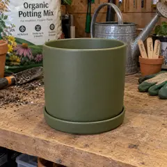 matte olive-green cylindrical ceramic planter, as photographed