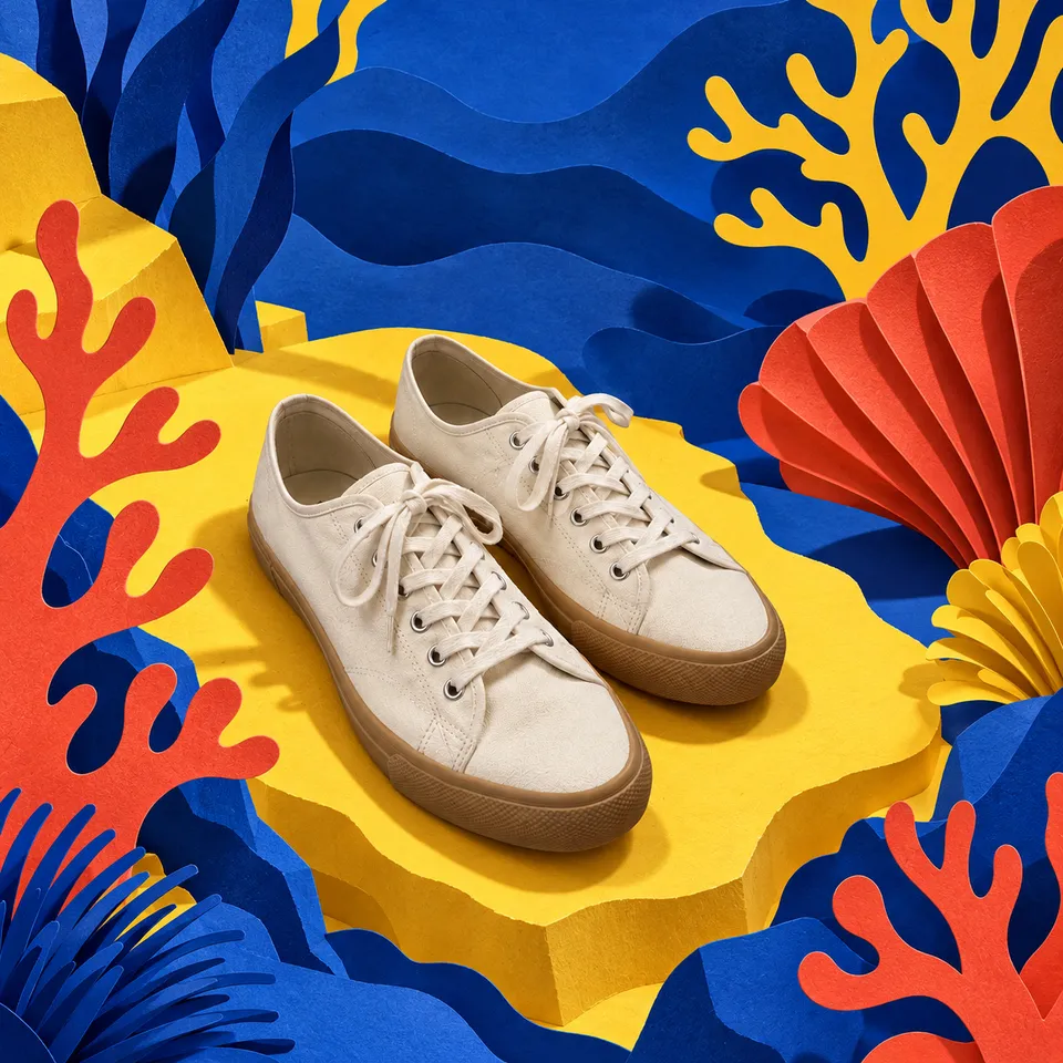 Canvas sneakers in a scene made from the prompt “Cut-paper coral reef, cobalt and yellow”