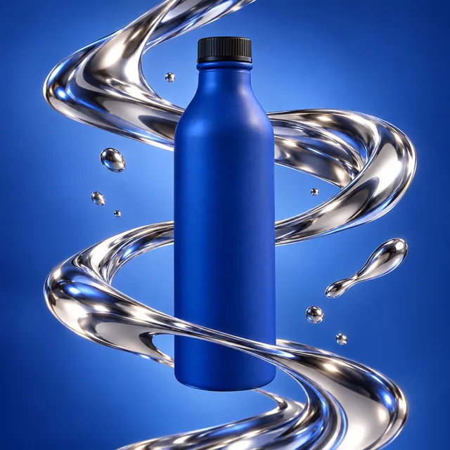 Water bottle in a scene made from “Chrome ribbons on cobalt blue”