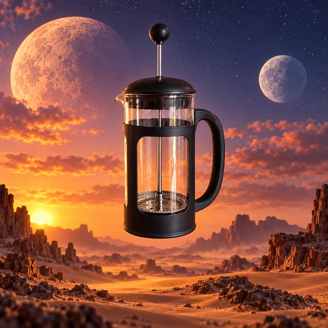 French press in a scene made from “Desert at dusk with two moons”