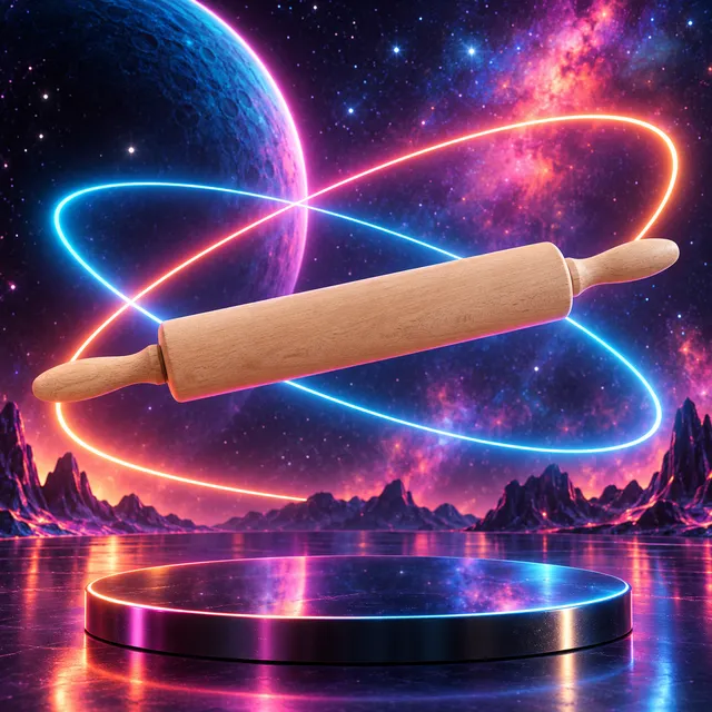 Rolling pin in a scene made from “Neon rings orbiting it in space”
