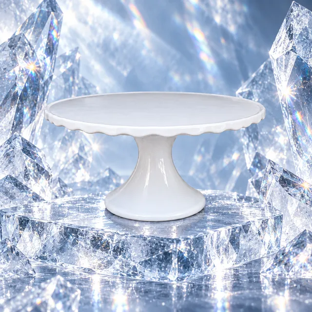 Cake stand in a scene made from “Carved ice, cold blue light”