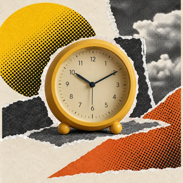 Alarm clock in a scene made from “Torn-paper collage with halftone dots”