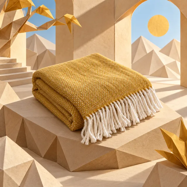 Wool throw in a scene made from “Folded-paper stairs in warm light”