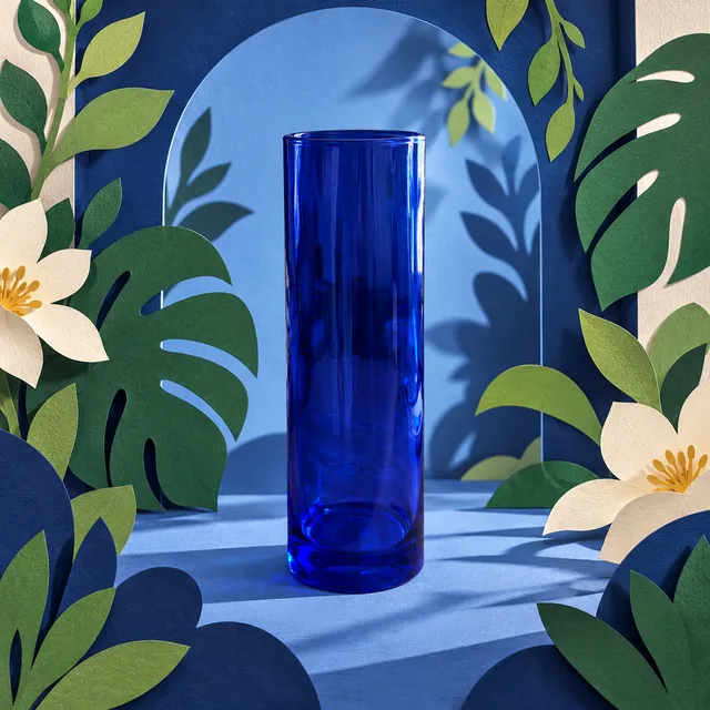 Glass vase in a scene made from “Paper-cut jungle with huge leaves”