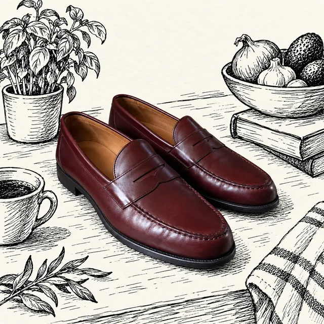 Leather loafers in a scene made from “Pen-and-ink sketch, cozy kitchen corner”