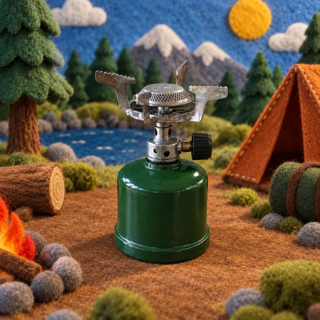 Camp stove in a scene made from “Felt miniature campsite by a lake”