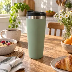 sage-green tapered stainless travel tumbler, moved into a new room