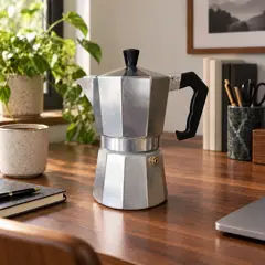 silver octagonal stovetop espresso maker, moved into a new room