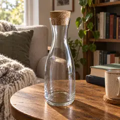 clear narrow-neck glass carafe, moved into a new room