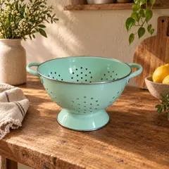 mint enamel colander, moved into a new room