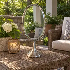 oval silver tabletop mirror, moved into a new room