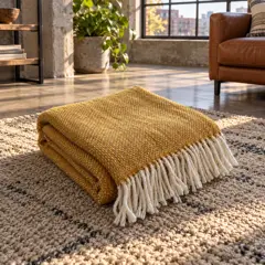 folded mustard woven blanket, moved into a new room