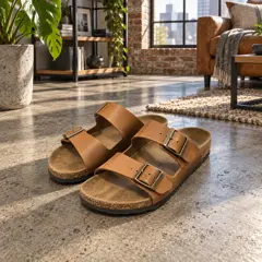 tan two-strap leather sandals, moved into a new room