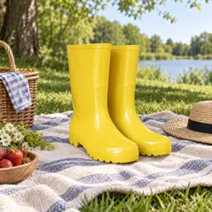 glossy yellow mid-calf rubber rain boots, moved into a new room