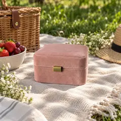 blush velvet small jewelry box closed, moved into a new room