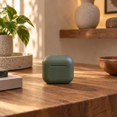 matte olive wireless earbud charging case closed, moved into a new room