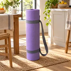 rolled lavender yoga mat, moved into a new room