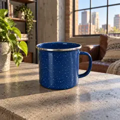 blue speckled enamel camping mug, moved into a new room