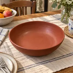 shallow matte rust-red ceramic serving bowl, moved into a new room
