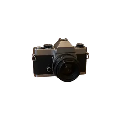 small silver and black vintage-style camera, background removed by Letti