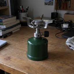 small green single-burner camping stove, as photographed