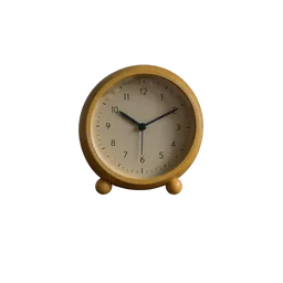 round ochre analog table clock on two small feet, background removed by Letti