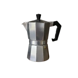 silver octagonal stovetop espresso maker, background removed by Letti
