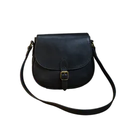 black leather saddle crossbody bag, background removed by Letti