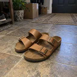 tan two-strap leather sandals, as photographed