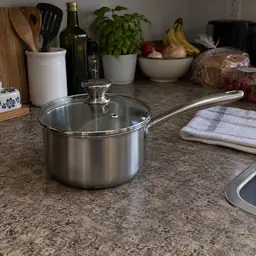 brushed steel saucepan, as photographed