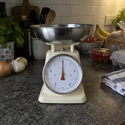 cream analog kitchen scale, as photographed