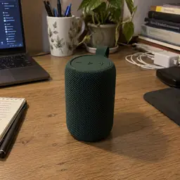 compact forest-green cylindrical portable speaker, as photographed