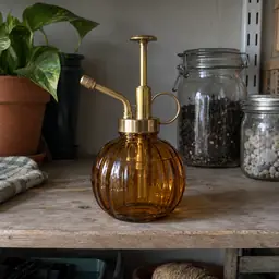 amber glass plant mister, as photographed