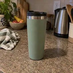 sage-green tapered stainless travel tumbler, as photographed