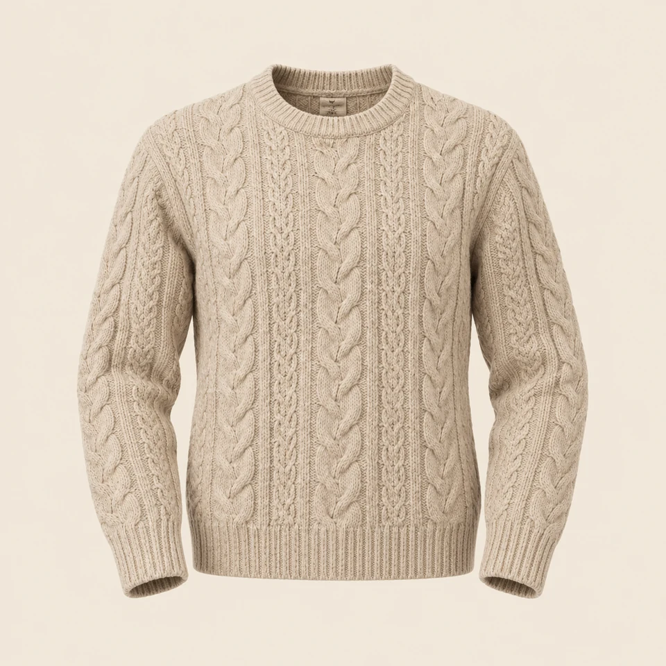 oatmeal cable-knit crewneck sweater with ribbed cuffs and hem, shown as if worn
