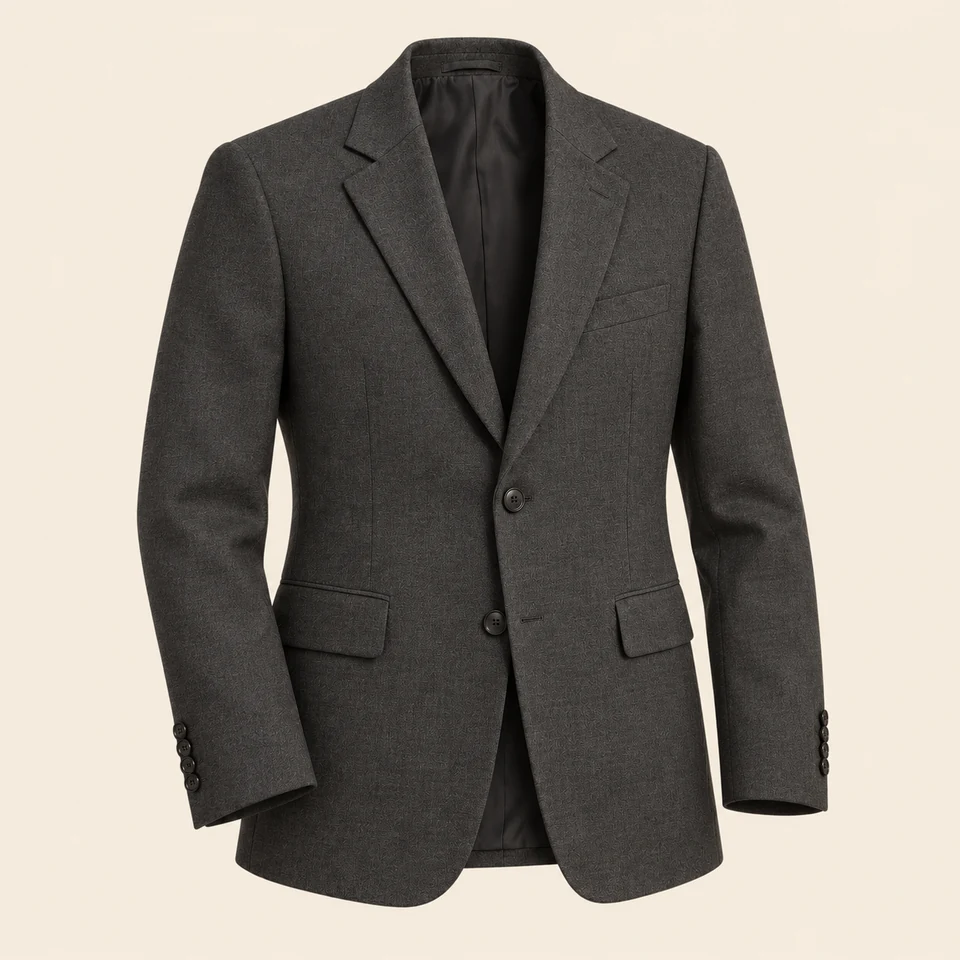 charcoal tailored single-breasted blazer with two black buttons and notch lapels, shown as if worn