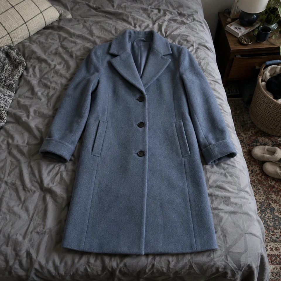 dusty blue knee-length wool coat with three buttons, laid flat on a bed