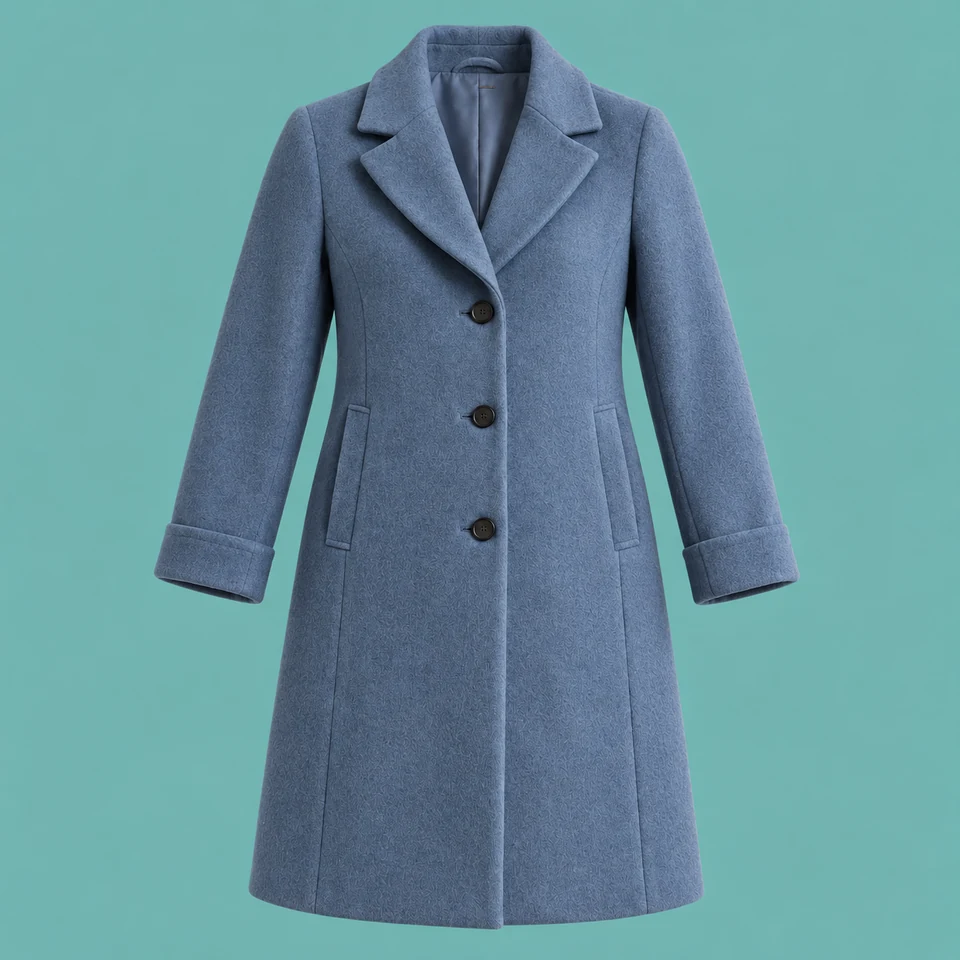 dusty blue knee-length wool coat with three buttons, shown as if worn