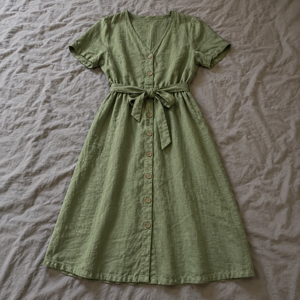 sage-green linen midi dress with short sleeves and a fabric waist tie, laid flat on a bed