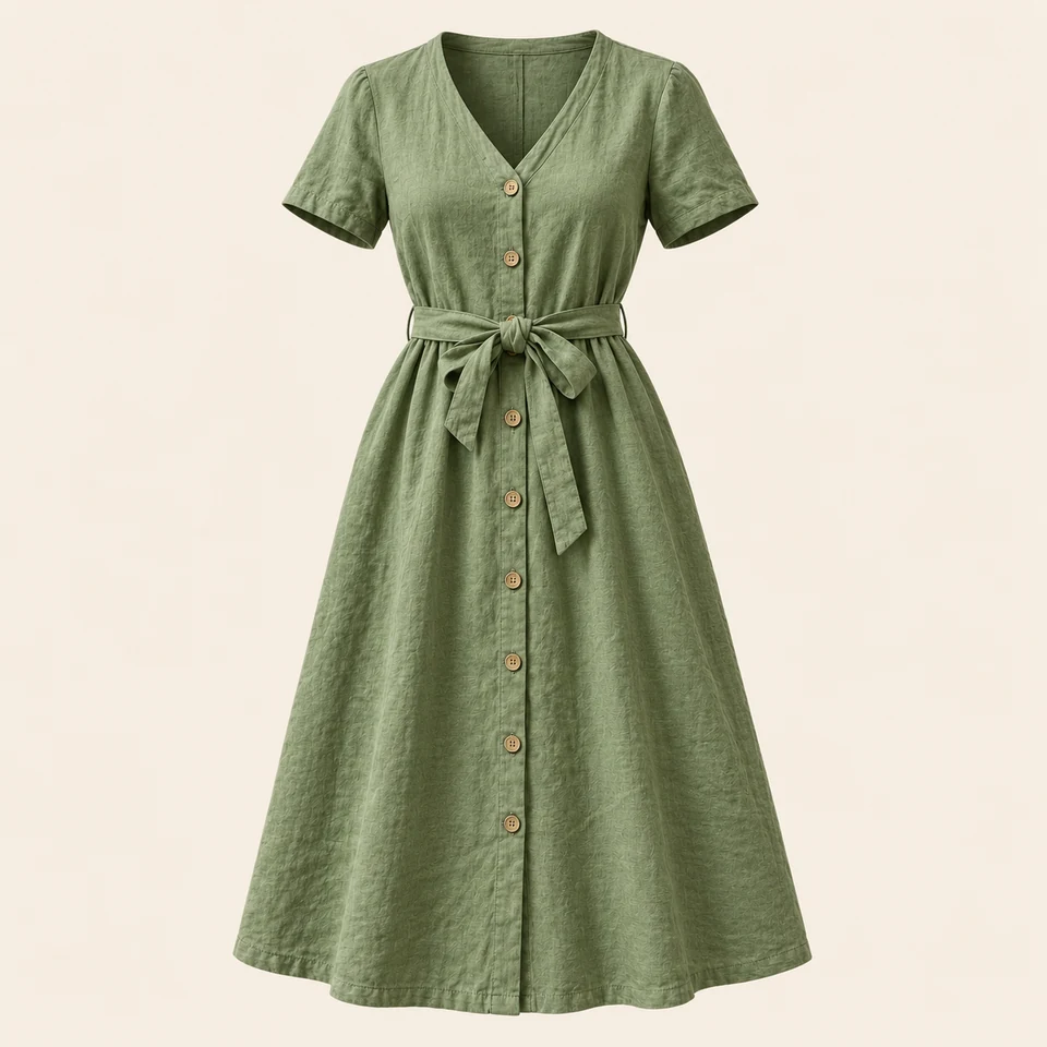 sage-green linen midi dress with short sleeves and a fabric waist tie, shown as if worn