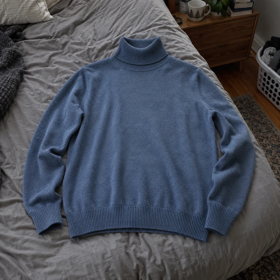 dusty blue fine-knit turtleneck sweater, laid flat on a bed